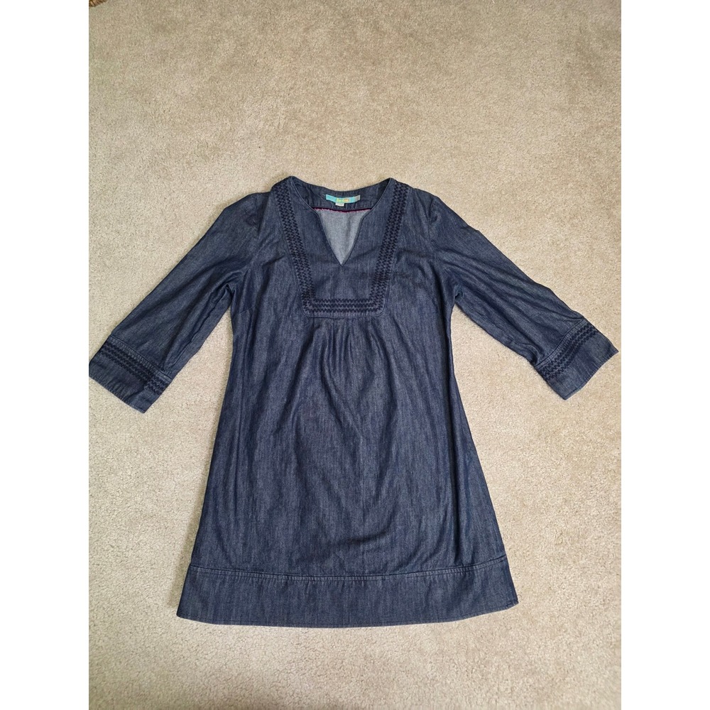Boden Denim Shift Dress Indigo Blue Embroidered V-Neck 3/4 Sleeve WA379 US 6